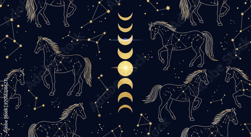 celestial horse pattern with constellations and moon phases on dark background