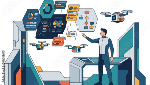 Man controlling drones with graphs and charts in a futuristic Technology lab setting.