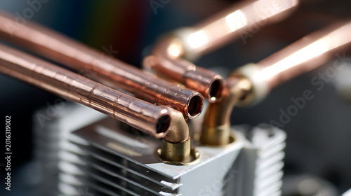 Close-up view of copper pipes and metal fins on a cooling system, showcasing modern technology and efficient heat dissipation design