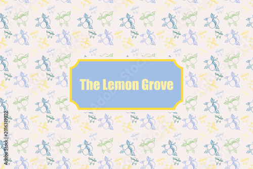 Vintage Lemon Grove Badge on Colorful Citrus Fruit Seamless Pattern Background Vector Illustration