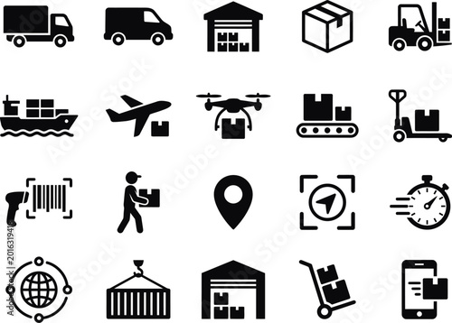 Logistics Icon Set Featuring Truck Ship Drone and Warehouse Flat Icons Isolated on Transparent Background