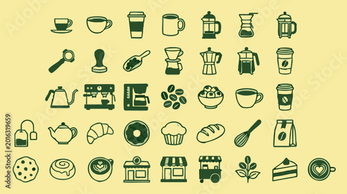 Tableau sur toile Coffee and Bakery Shop Items Icons Set