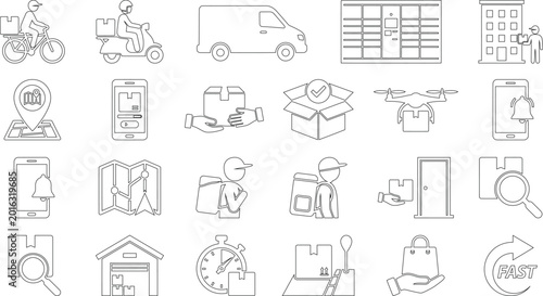 Logistics Icon Set Featuring Delivery Vehicles and Services Flat Line Art Isolated on Transparent Background