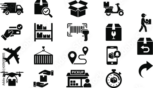 Logistics and Delivery Flat Icons Set Transportation Symbols Black and White Isolated on Transparent Background