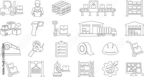 Logistics Icon Set Featuring Delivery Warehousing and Transportation Flat Line Art Isolated on Transparent Background