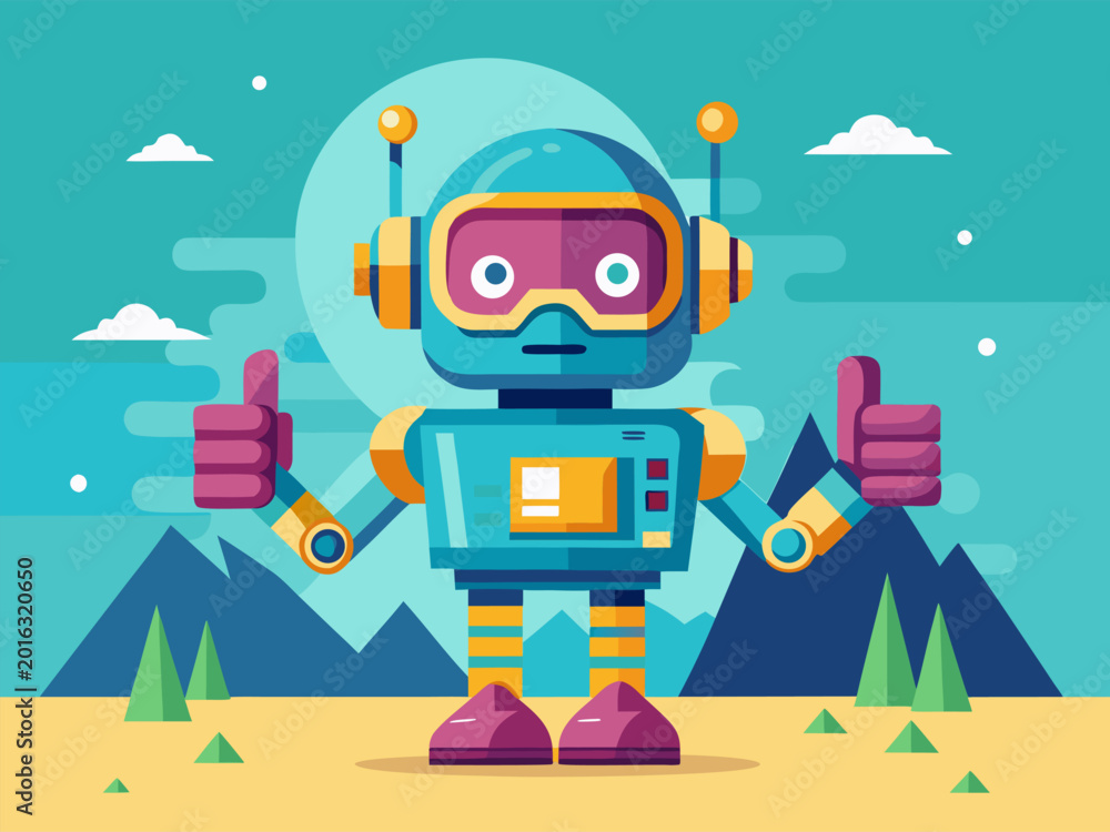 Fototapeta premium Friendly robot giving thumbs up in mountain desert landscape
