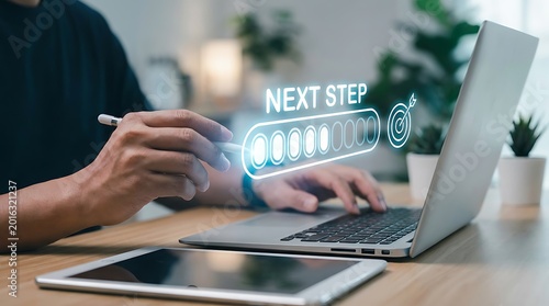 Man planning next steps with progress bar and target icon on digital interface next step road map progress planning interface