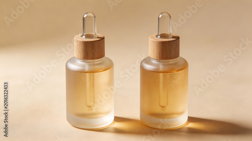 Two glass bottles with dropper lids emphasizing fluid motion and vibrant color palettes