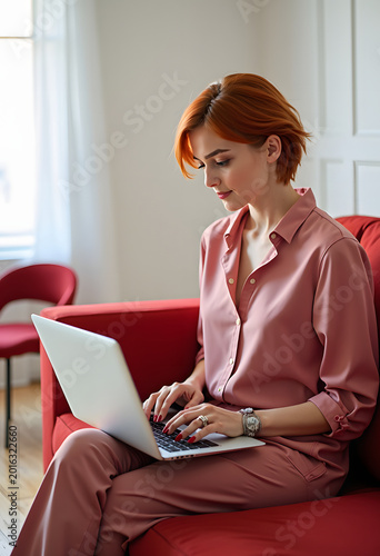 Young Woman Working Remotely on Laptop at Home Sitting on Red Couch in Pink Outfit