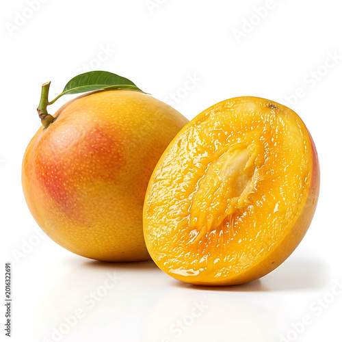 Ripe Mango Fruit with Leaf and Half Slice Isolated on White