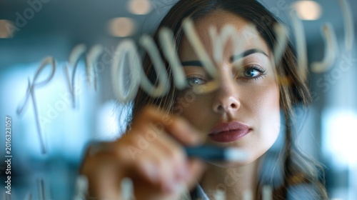 Woman Writing on Glass Board: A focused businesswoman writes a plan on a transparent glass board, symbolizing strategic thinking and planning for success.