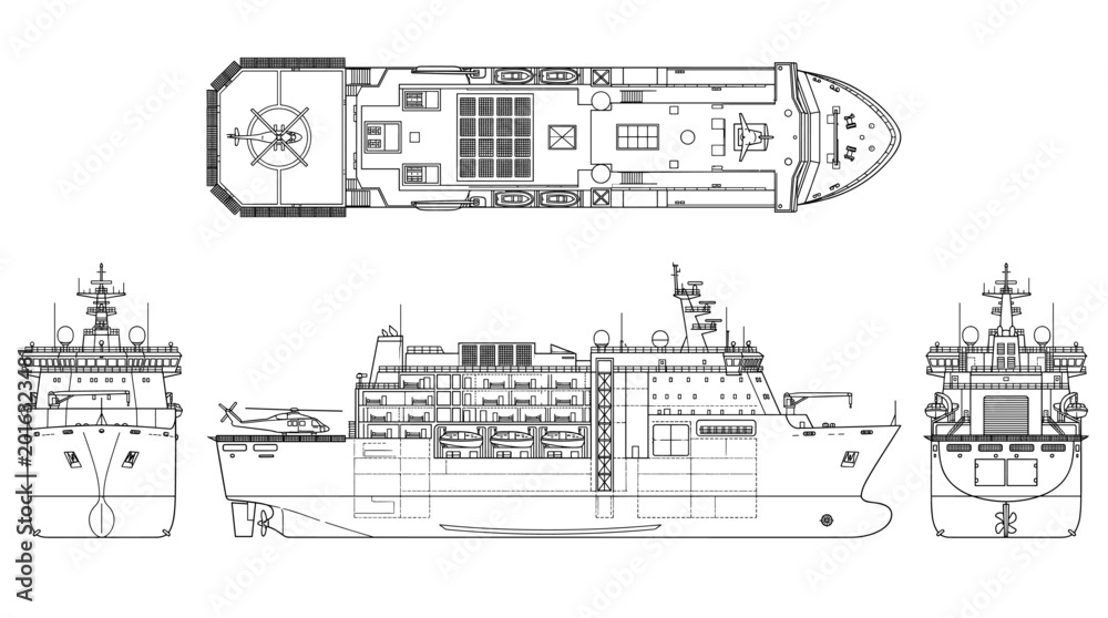 Obraz premium Hospital ship technical drawing blueprint with front side back and top views CAD line art vector illustration