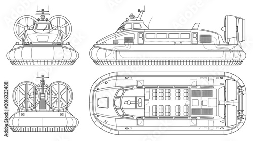 Passenger hovercraft technical drawing blueprint with front side back and top views CAD line art vector illustration