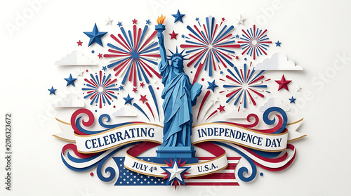 Paper Cut Art Illustration Celebrating Independence Day USA with Statue of Liberty and Fireworks