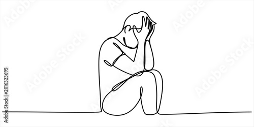 Schilderij op canvas Sad man sitting alone feeling depressed and lonely in a continuous single line d