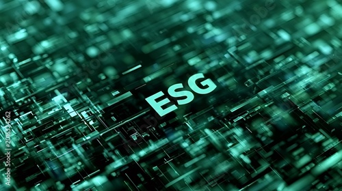 Esg glowing on a digital circuit board symbolizes environmental, social and governance principles driving sustainable business, responsible investment and ethical corporate strategy