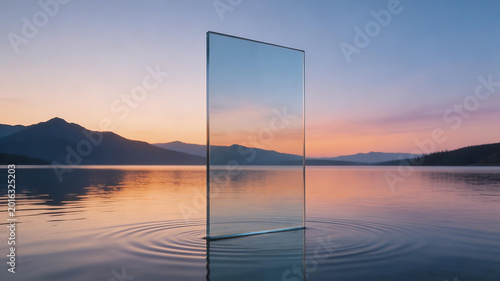 Glass panel in calm lake at sunset perfect for scenic backgrounds and natural storytelling