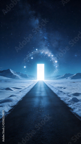 Snowy path leading to glowing portal symbolizing tranquility, harmony, and natural balance