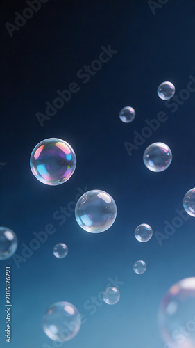Floating soap bubbles in blue sky emphasizing modern aesthetics and minimalist design