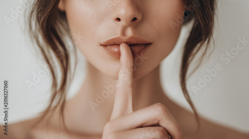 Woman's lips with finger on mouth shushing gesture close-up shot expression close-up