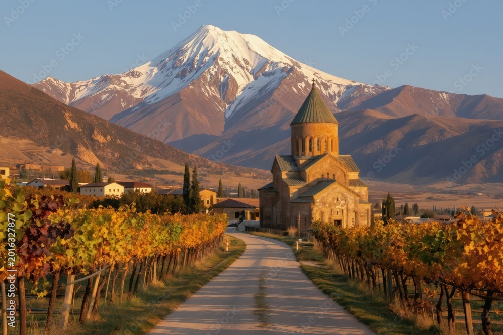 Obraz premium Ancient church stands in vineyard landscape with snowy mountain peak. Golden autumn foliage lines road leading to village. Serene rural scene at sunset.