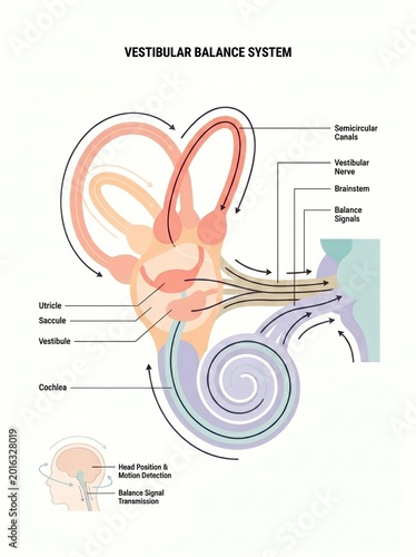 The vestibular balance system anatomy is shown in a detailed infographic.