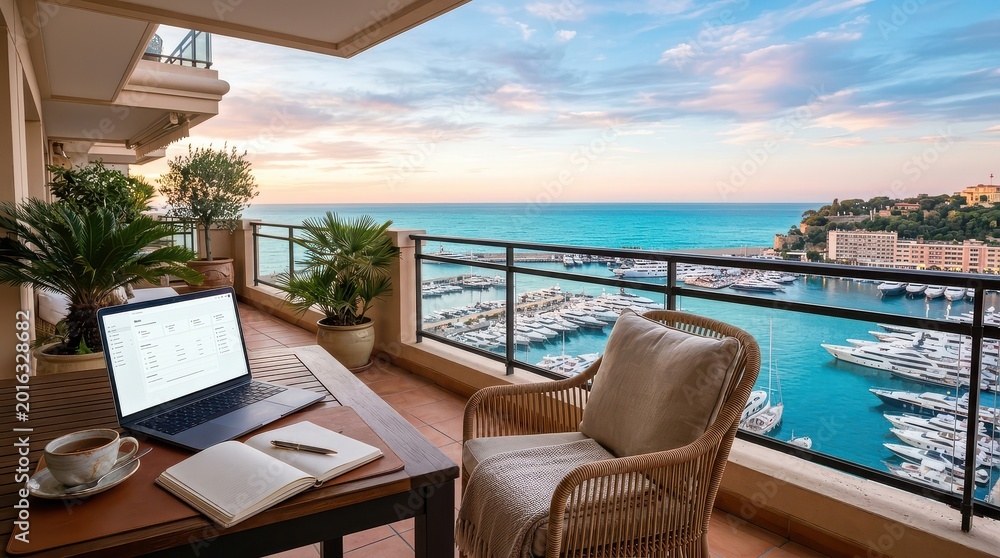 Fototapeta premium Terrace laptop setup with open notebook and marina sea view