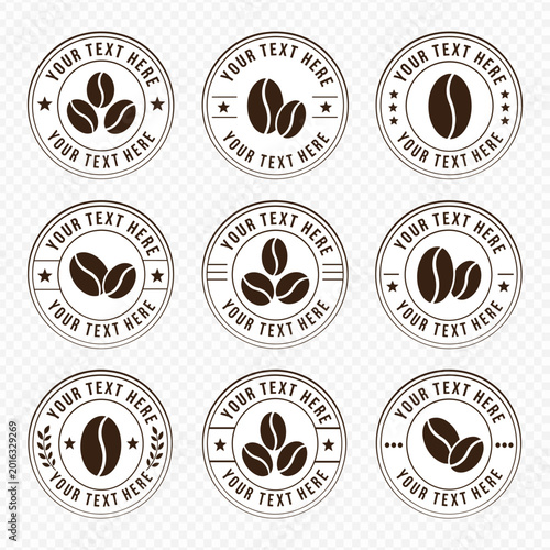 Set of vintage circular coffee logo badges with coffee beans and customizable text for cafe branding or packaging design