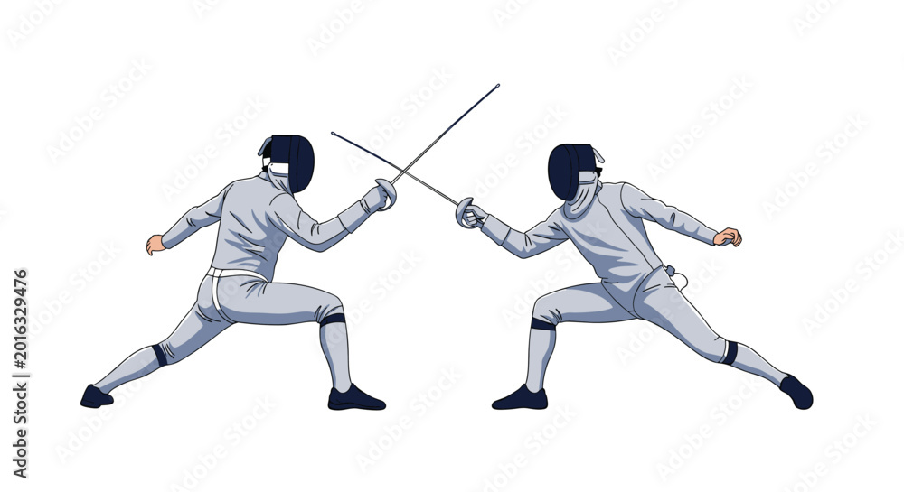 Obraz premium Two professional fencers wearing white protective gear and masks while engaging in a competitive duel with foils.