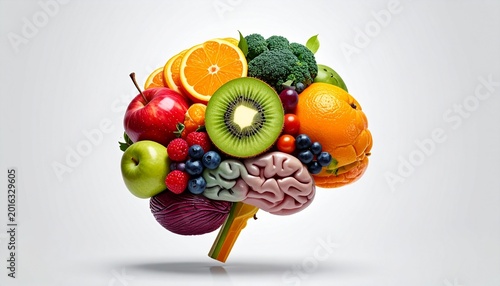 Brain with fruits, concept of healthy living and eating healthy food