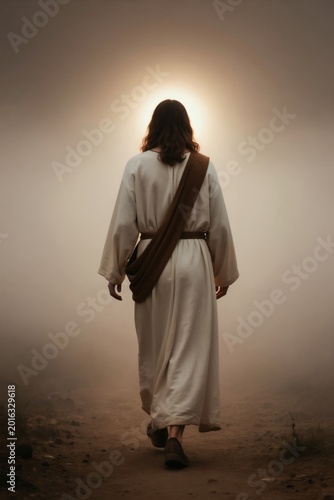 Man in long tunic walks dusty path. Light shines from behind creating halo effect. He wears simple robe and belt. Biblical journey with spiritual aura, back view.