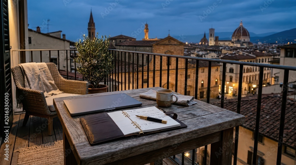 Fototapeta premium Notebook and laptop on Florence balcony at dusk