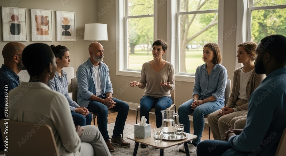 Obraz premium A group of seven people sit in a circle in a bright, airy room. A woman in a gray sweater gestures animatedly while speaking to the others.