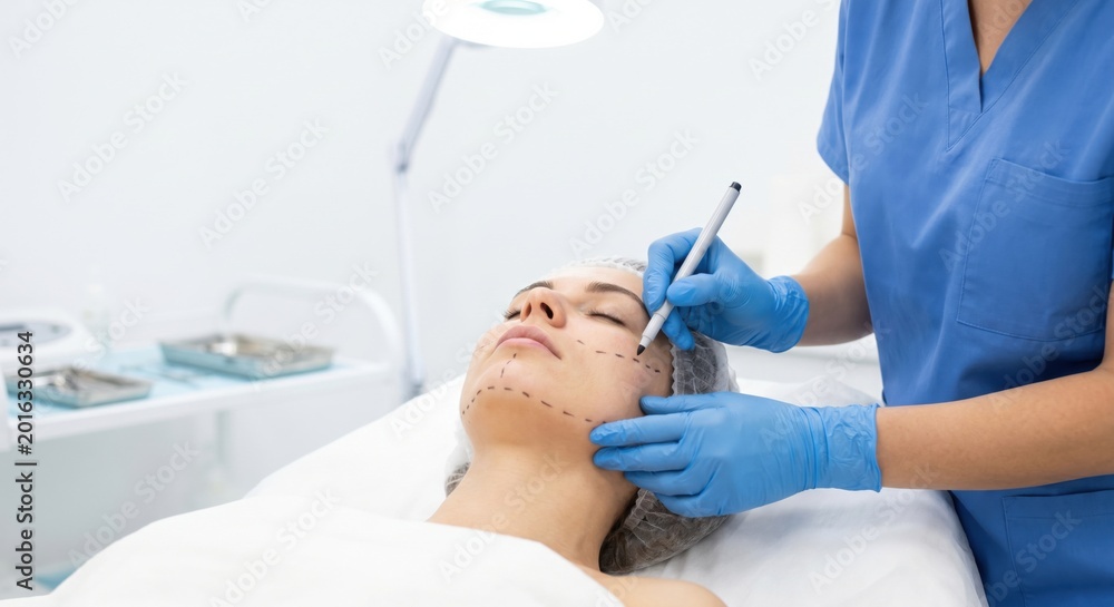 Naklejka premium Aesthetician marking patient's face for thread lift procedure