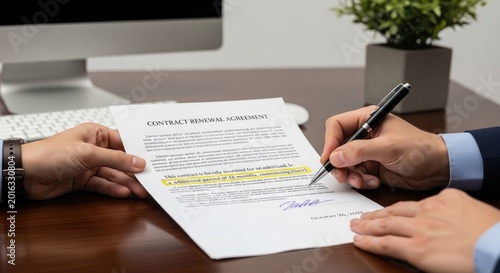 Two business professionals are signing a contract renewal agreement at a wooden table. They are exchanging the document with pens.
