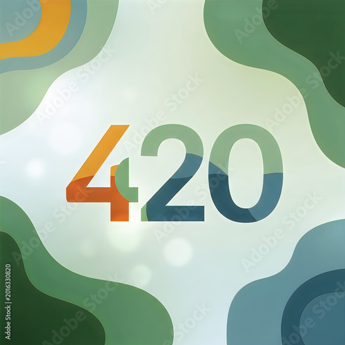 Abstract number 420 with green and blue wavy organic shapes and bokeh lights