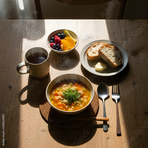 Rustic breakfast or lunch table setting with homemade soup fresh fruit bread