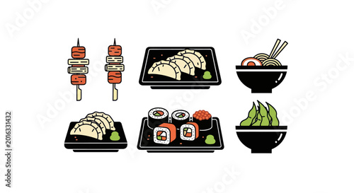 Assortment of delicious Japanese cuisine including sushi, gyoza, ramen, edamame, and yakitori skewers.