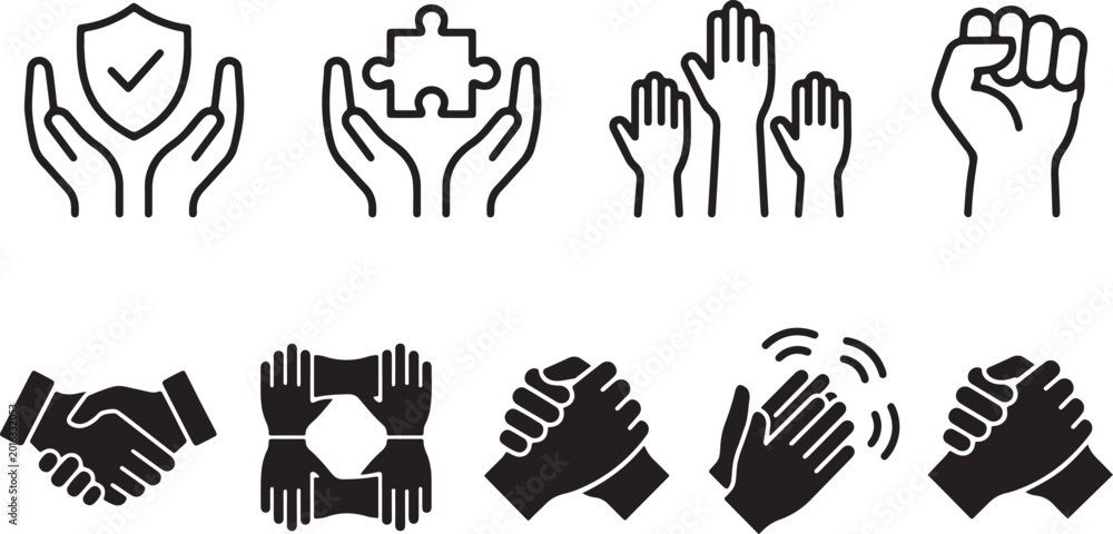 Fototapeta premium Community Support and Solidarity Hand Gesture Icons Set with Unity Equality and Human Rights Symbols