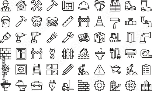 Construction and industrial outline icon collection featuring tools engineering safety equipment building maintenance and repair symbols