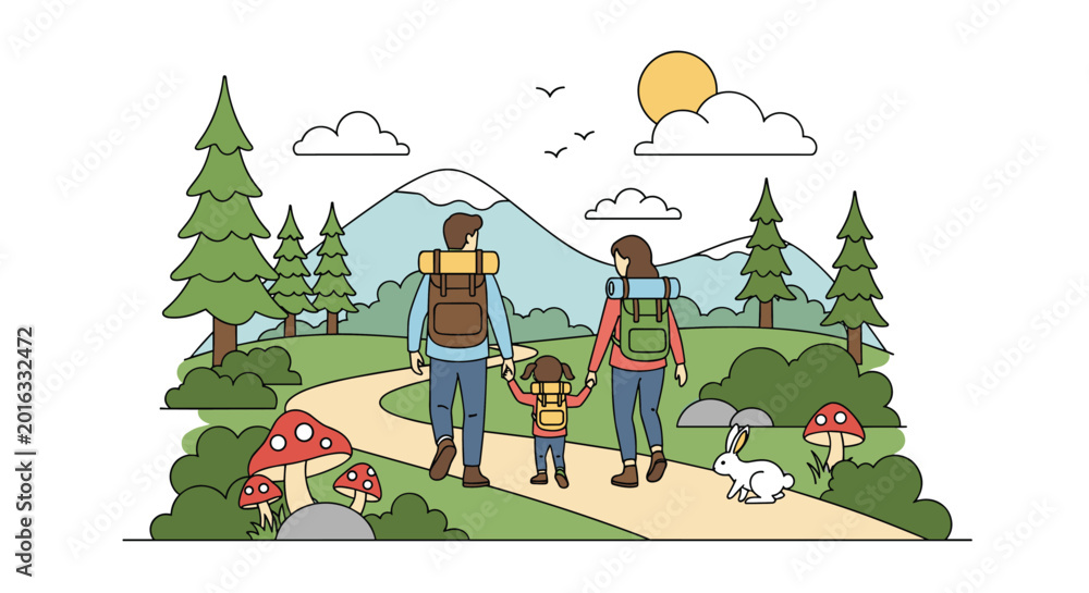 Fototapeta premium Family of three with backpacks walking down a winding path towards a beautiful and tall snowy mountain landscape range.