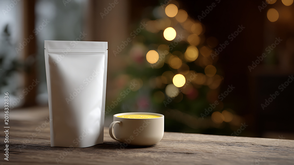 Obraz premium White Blank Pouch Packaging and Ceramic Mug on Rustic Wooden Table with Blurred Holiday Lights Backdrop - Cozy Winter Scene