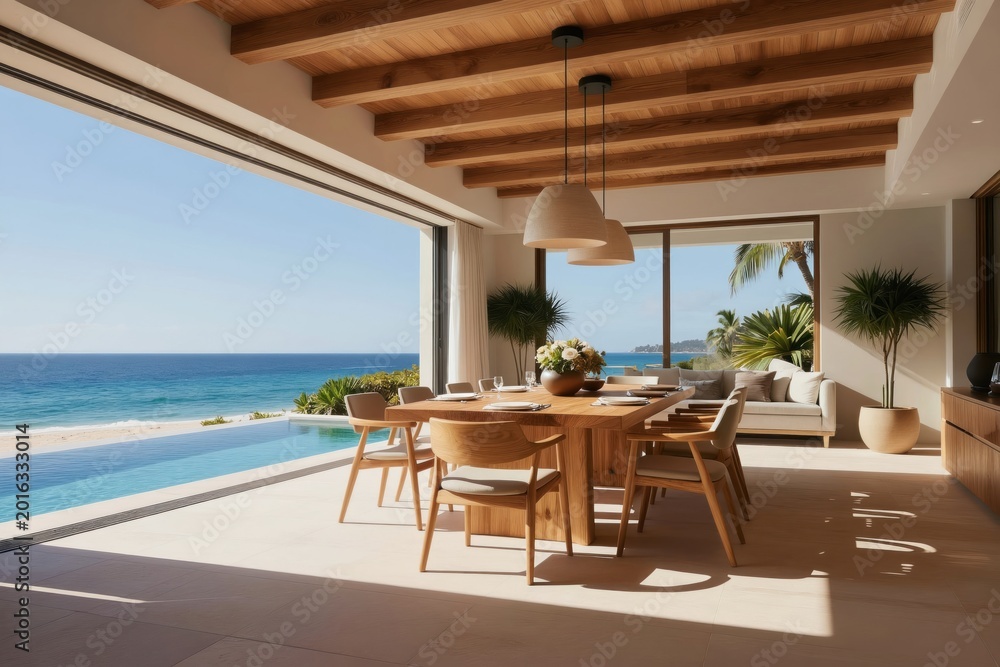 Fototapeta premium Luxury modern dining room opens to infinity pool and ocean view. Wooden table set for meal. White sofa area and lush palm trees outside. Sunny day.