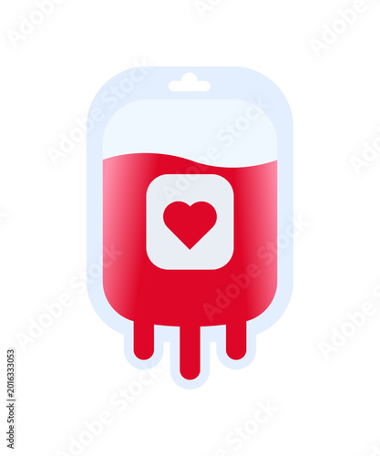 A red blood donation bag with a white heart icon, designed for medical healthcare, transfusions, and lifesaving initiatives. Modern flat graphic illustration on white background.