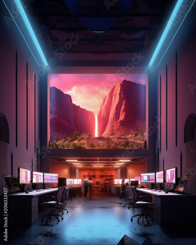 Creative Studio Office With Futuristic Monitors and Giant Pink Canyon Screen Displaying Waterfall