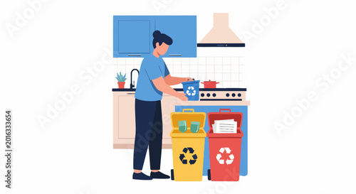 Woman Sorting Waste into Recycling Bins in Kitchen Illustration - Sustainable Lifestyle and Eco-Friendly Household Waste Management Concept