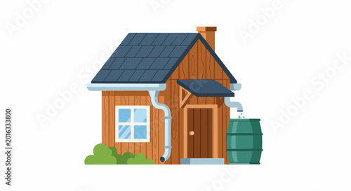 Flat Illustration of a Sustainable Wooden House with Rainwater Harvesting System and Rain Barrel
