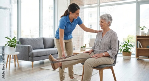 Caregiver helping senior woman with leg exercises at home