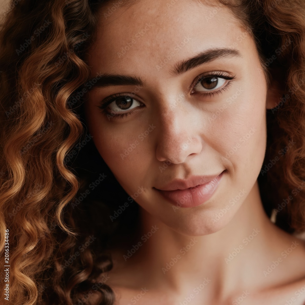 Fototapeta premium Young woman with curly brown hair and brown eyes smiles gently. Her natural makeup highlights her features. She looks friendly and attractive, creating a warm and inviting studio portrait.