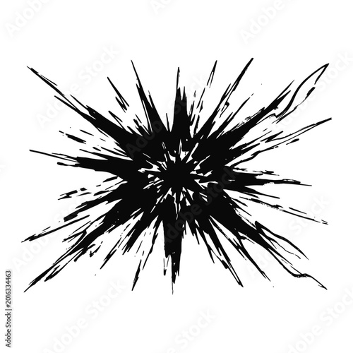 Black ink starburst radiating outward as a graphic design element with distressed grunge texture